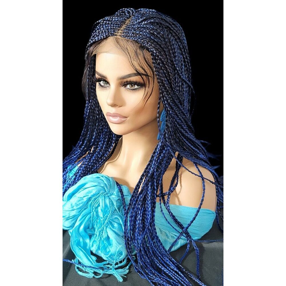 Handmade Braided Lace Wig, Knotless Box Braids Long Blue Ombre Wig NWT - Picture 6 of 15